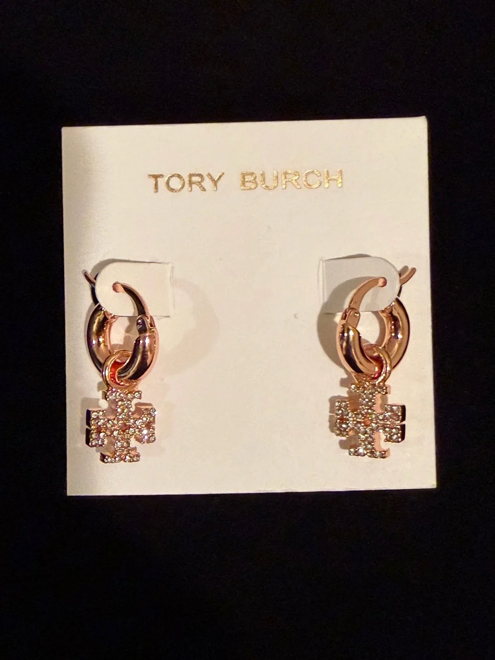 Tory Burch Rose Gold Crystal Logo Drop Huggies
